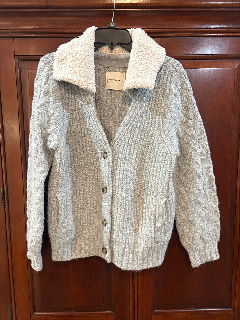 Lucky Brand Light Gray Cardigan with Cream Sherpa Collar